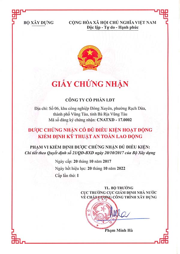 GCN Kiểm định Bộ Xây dựng - LDT GCN Kiểm định Bộ Xây dựng - LDT