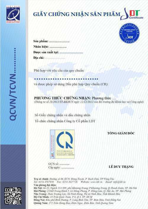 Mẫu chứng nhận sản phẩm hàng hóa - LDT Chứng nhận sản phẩm hàng hóa LDT