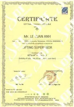 mẫu chứng chỉ lifting supervisor